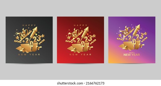 Set of happy new year 2023 square template with rocket firework launch from gift box. Template for poster, media post template, card and flyer