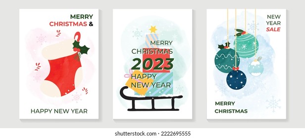 Set of happy new year 2023 and merry christmas white background. Elements of watercolor sock, holly, present, sleigh, baubles, balls, pine leaf, snowflakes. Art design for card, poster, cover, banner.