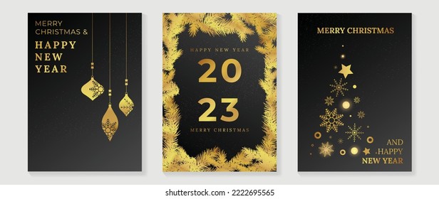 Set of happy new year 2023 and merry christmas elegant black background. Elements of gradient golden pine leaves frame, star, sparkle, snowflake, bauble. Art design for card, poster, cover, banner.