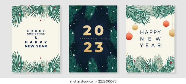 Set of happy new year 2023 and merry christmas concept light blue background. Decorative elements of pine leaves, snow, snowman, snowflake, house, reindeer. Art design for card, poster, cover, banner.