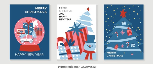 Set of happy new year 2023 and merry christmas concept background cover. Elements of christmas tree, snowman, bauble, present in geometric shapes. Art design for card, poster, cover, banner.