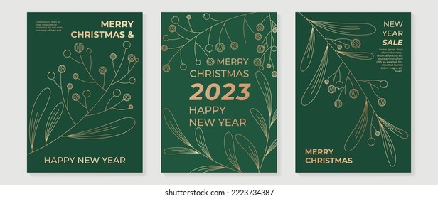 Set of happy new year 2023 and merry christmas cover. Minimal template design gold line art of mistletoe leaf branch on green background. Design for greeting, invitation, postcard, poster, banner.