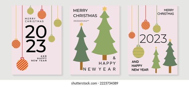 Set of happy new year 2023 and merry christmas concept cover. Minimal template design of decorative baubles and christmas trees. Art design for greeting, invitation, postcard, poster, banner, flyer.