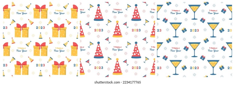 Set of Happy New Year 2023 Seamless Pattern Design with Decoration in Template Hand Drawn Cartoon Flat Illustration