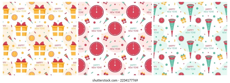 Set of Happy New Year 2023 Seamless Pattern Design with Decoration in Template Hand Drawn Cartoon Flat Illustration