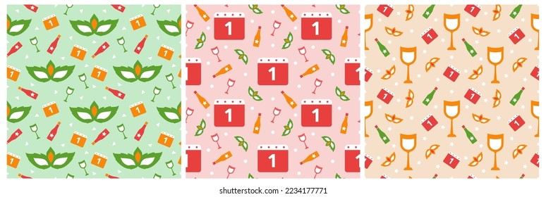 Set of Happy New Year 2023 Seamless Pattern Design with Decoration in Template Hand Drawn Cartoon Flat Illustration