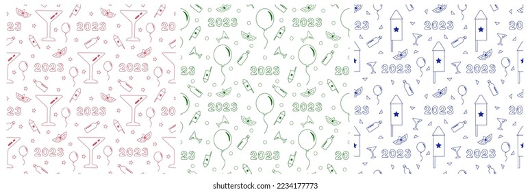 Set of Happy New Year 2023 Seamless Pattern Design with Decoration in Template Hand Drawn Cartoon Flat Illustration