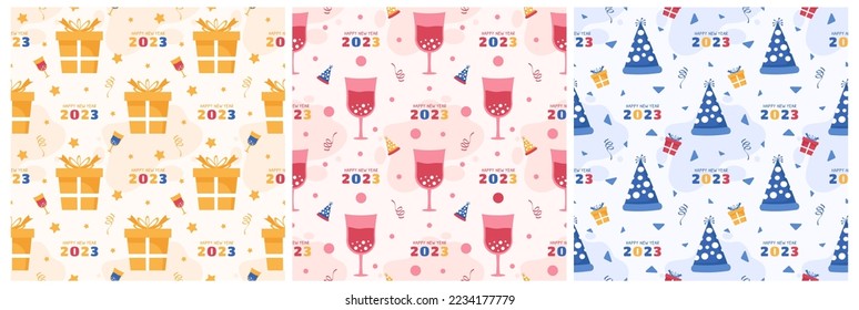 Set of Happy New Year 2023 Seamless Pattern Design with Decoration in Template Hand Drawn Cartoon Flat Illustration