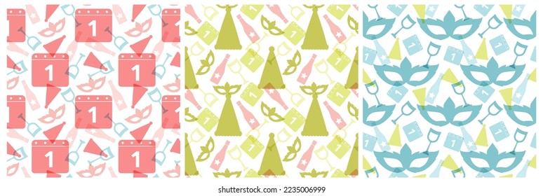 Set of Happy New Year 2023 Seamless Pattern Design with Decoration in Template Hand Drawn Cartoon Flat Illustration