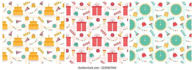 Set of Happy New Year 2023 Seamless Pattern Design with Decoration in Template Hand Drawn Cartoon Flat Illustration