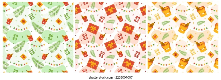 Set of Happy New Year 2023 Seamless Pattern Design with Decoration in Template Hand Drawn Cartoon Flat Illustration