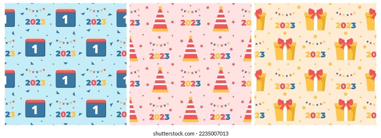 Set of Happy New Year 2023 Seamless Pattern Design with Decoration in Template Hand Drawn Cartoon Flat Illustration