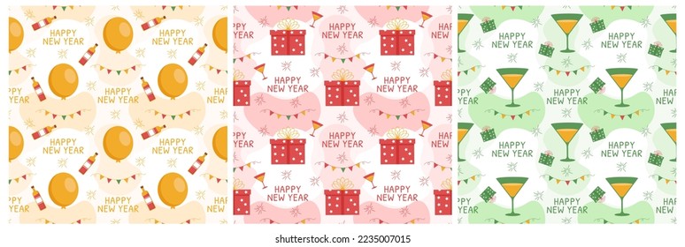 Set of Happy New Year 2023 Seamless Pattern Design with Decoration in Template Hand Drawn Cartoon Flat Illustration
