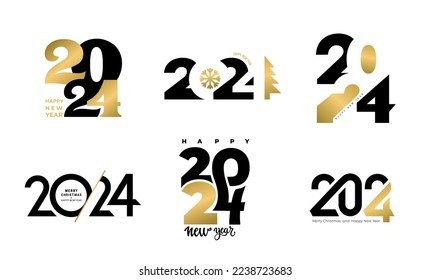 Conjunto de diseño del logo de Feliz Año Nuevo 2024. Portada del diario de negocios para 2024 con deseos. Plantilla de diseño de folleto, tarjeta. Símbolos modernos 2024 Feliz Año Nuevo. Plantilla de diseño de números 2024 de tendencias de vectores.