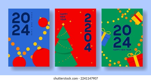 Set of Happy New Year 2024 posters. Vector illustration with templates of modern minimalist New Year flyers. Collection of greeting cards, posters and holiday covers for branding of 2024 New Year.