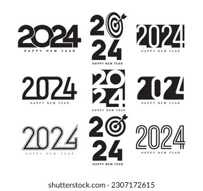 Set of Happy New Year 2024 symbols. Vector illustration with black numbers 2024 isolated on white background. New Year holiday logos template. Collection of Happy New Year 2024 logos design.