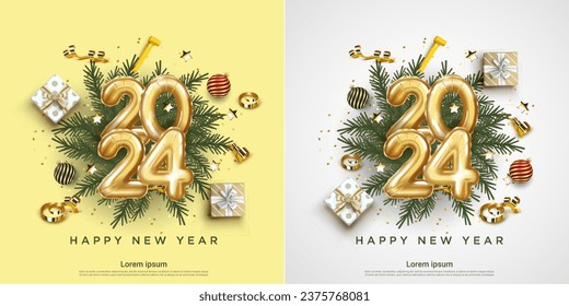 Set of Happy New Year 2024. festive realistic balloon decoration. Celebrate party 2024 on square background