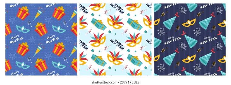 Set of Happy New Year 2024 Seamless Pattern Illustration with Elements New Years Background Design