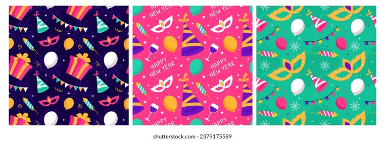 Set of Happy New Year 2024 Seamless Pattern Illustration with Elements New Years Background Design