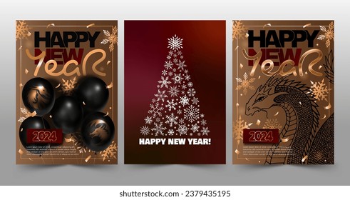 Set of Happy New Year 2024 banners with dragons, balloons, snowflakes, and text in gold, red, and black colors. Vector 3D illustration.