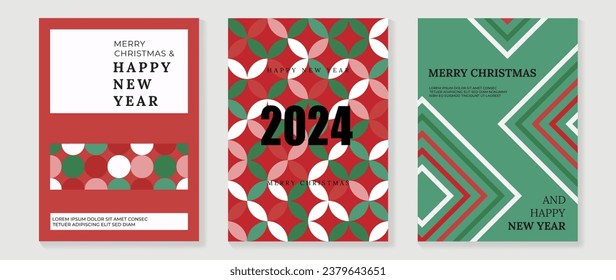 Set of happy new year 2024 and merry christmas concept background. Elements of decorative bauble, geometric shapes, sparkle, line. Art design for card, poster, cover, banner, decoration.