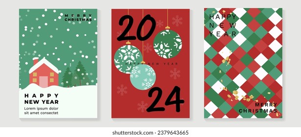 Set of happy new year 2024 and merry christmas concept background. Elements of decorative bauble, christmas tree, home,snowflakes, gold texture. Art design for card, poster, cover, banner, decoration.