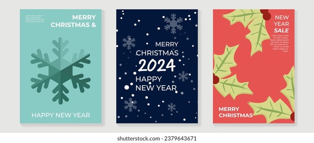 Set of happy new year 2024 and merry christmas concept background. Elements of decorative bauble, holly sprig, snowflakes, snow, berry. Art design for card, poster, cover, banner, decoration.