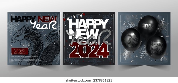 Set of Happy New Year 2024 cards with dragons, balloons, snowflakes, and text in silver, red, and black colors. Vector 3D illustration.