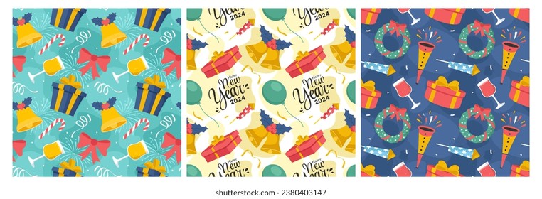 Diseño de un patrón impecable de Feliz Año Nuevo 2024 Ilustración con elementos de Año Nuevo