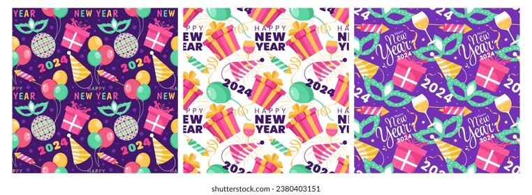 Diseño de un patrón impecable de Feliz Año Nuevo 2024 Ilustración con elementos de Año Nuevo