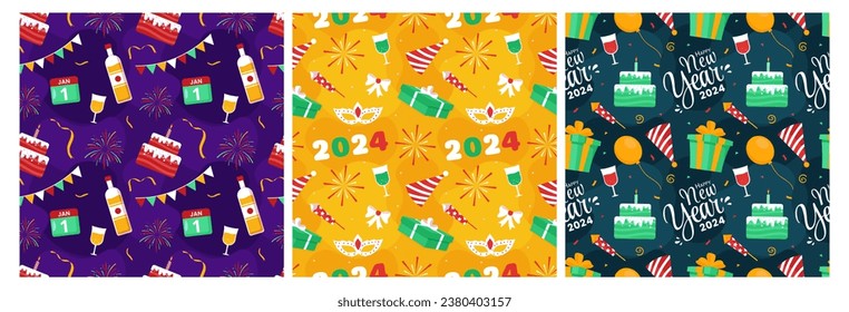 Set of Happy New Year 2024 Seamless Pattern Illustration with Elements New Years Background Design