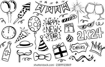 Set Happy new year 2024 element doodle hand drawn sketch. Fireworks, baloon, date, horn. Vectori,lustration isolated background