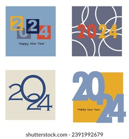 Conjunto de diseños de texto del logo de Feliz Año Nuevo 2024. Plantillas de diseño de números para 2024. Colección de símbolos de Feliz Año Nuevo 2024. Ilustración vectorial con etiquetas coloridas impresionantes