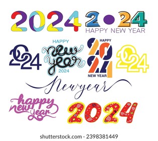 set Happy New Year 2024 Banner Design with colorful elements ,Modern Background and New year greeting cards