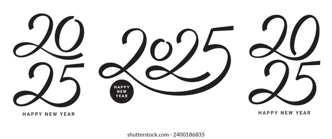 Set of Happy New Year 2025 lettering logos. Vector illustration with black numbers 2025 isolated on white background. New Year holiday logos template. Collection of 2025 happy new year symbols.