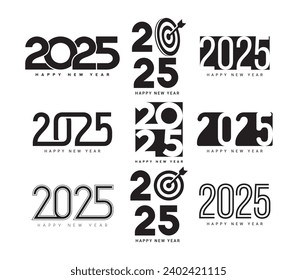 Set of Happy New Year 2025 symbols. Vector illustration with black numbers 2025 isolated on white background. New Year holiday logos template. Collection of Happy New Year 2025 logos design.