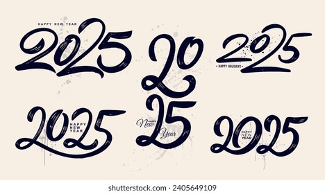 Set of Happy New Year 2025 lettering brush stroke logos. Vector with black numbers 2025 symbols. New Year holiday Christmas logos template. Collection of 2025 Happy New Year. Social media post.