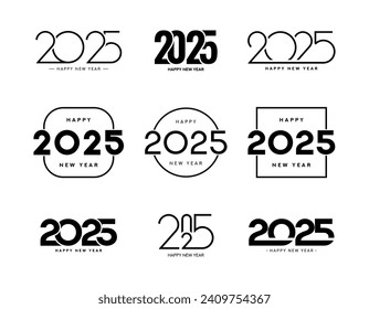 Set of Happy New Year 2025 logos design. Vector illustration with black numbers 2025 isolated on white background. New Year holiday logos template. Collection of 2025 happy new year symbols
