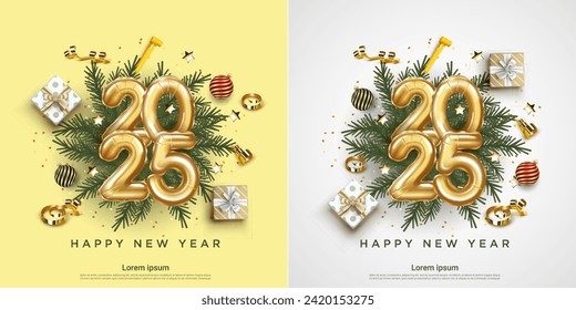 Set of Happy New Year 2025. festive realistic balloon decoration. Celebrate party 2025 on square background