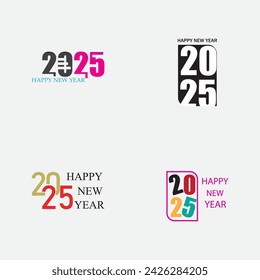 set of happy new year 2025 text logo isolated on gray background