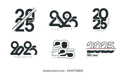 Set of Happy New Year 2025 logo designs. New year 2025 number designs. Elegant design for calendar design, cards and social media posts.