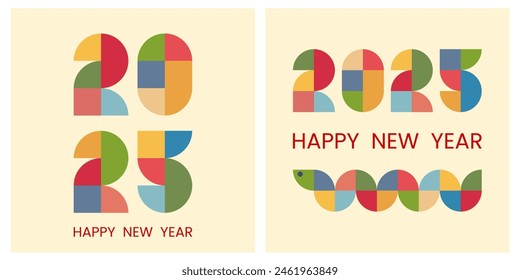  Conjunto Feliz Año Nuevo 2025 Abstractas Diseño de Texto Geométrico Números de colores hechos de Formas geométricas con serpiente abstracta. Cubierta del cuaderno, Plantilla del diseño del folleto, tarjeta postal, Anuncio. Vector EPS10 aislado