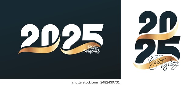 Conjunto de feliz año nuevo 2025 de lujo texto de diseño de oro. Logotipo de Vector 2025 para celebración y decoración de temporada, branding. Números de Anuncio, portada, tarjeta, redes sociales. Abstractas ilustración geométrica.