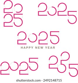 Set of Happy new year 2025 , typhography in thin text design. collection of 2025 design With pink and white lettering number illustrations. Premium vector design 