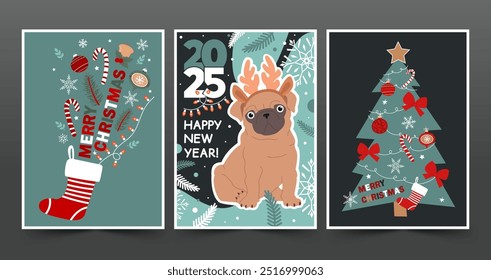 Set of Happy New Year 2025 and Marry Christmas posters with cute dogs, text, and winter elements. Vector flat illustration in trendy colors.