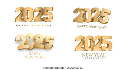 Set of Happy New Year 2025 designs made of elegant 3d gold numbers on clean white background. Minimalist design for New Year 2025 celebration. Vector