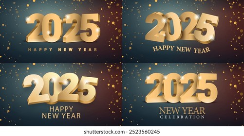Set of Happy New Year 2025 designs in a dark background made of elegant 3d gold numbers on clean white background. Minimalist design for New Year 2025 celebration. Vector