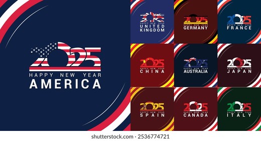 Set of happy new year 2025 for people of top different countries around the world including United States of America, England, Germany, France, China, Australia, Japan, Spain, Canada and Italy. 