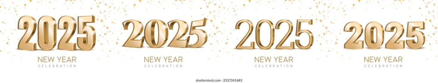 Set of Happy New Year 2025 designs made of elegant 3d gold numbers on clean white background. Minimalist design for New Year 2025 celebration. Vector