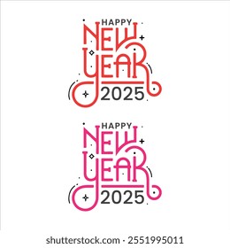  Set of Happy New Year 2025 minimalist geometric elements and typography, abstract icons in minimalist style, Holiday decoration. 